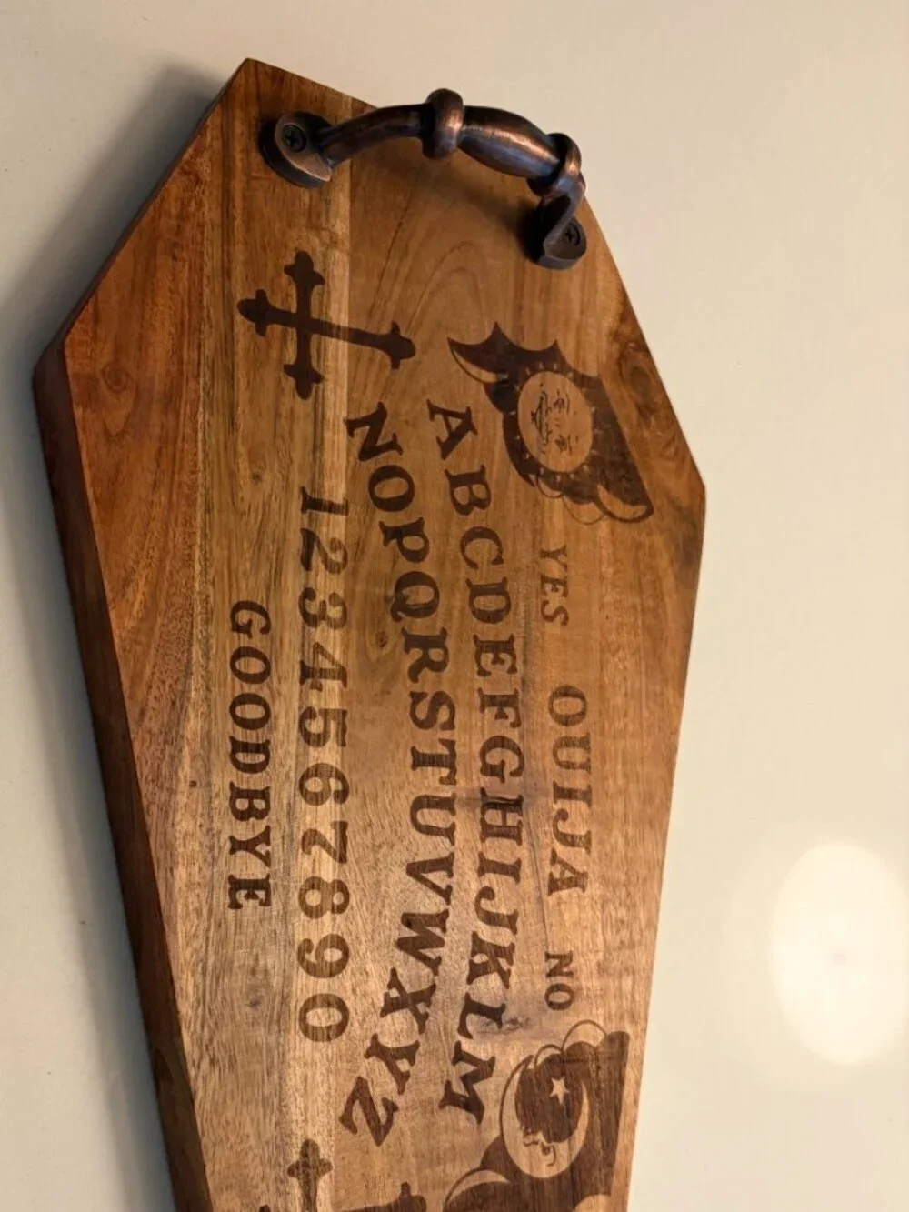 AUTHENTIQUE SPOOKY NIGHT HALLOWEEN WOOD OUIJA COFFIN-SHAPED SERVING TRAY 16